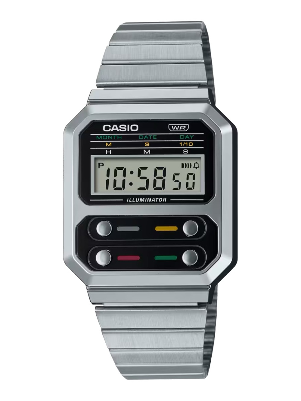 Casio Digital Stainless Steel Watch with Black Dial and Colored Accents
